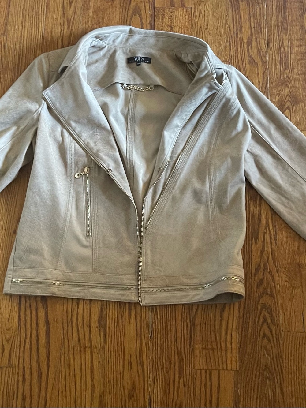Suede-Look Asymmetrical Decorative Zipper Jacket in Light Gray - Size 40